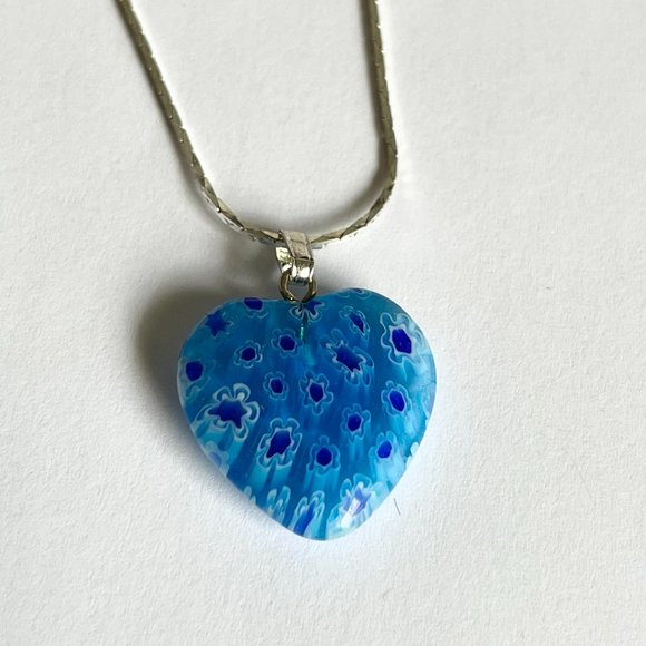 Aqua Blue Murano Art Glass Heart Necklace 18" Millefiori Flowers Silver Plated - Picture 7 of 9